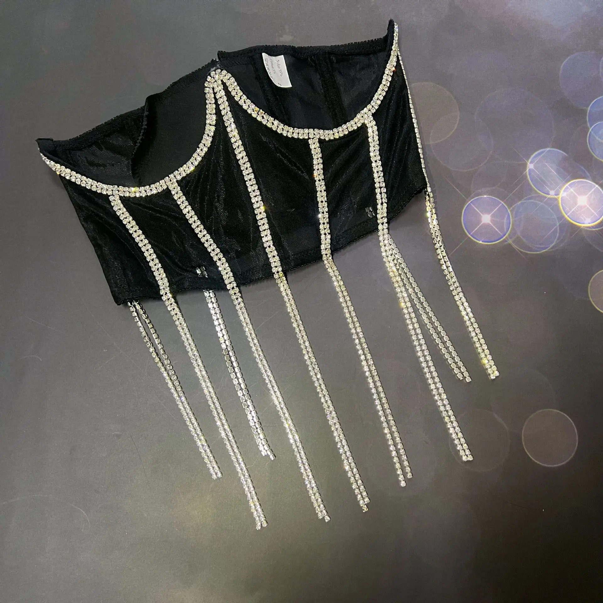 Women Underbust Corset Belt Luxury Diamonds Tassel Sexy Black Cummerbunds Streetwear NightClub Evening Party Stage Costume