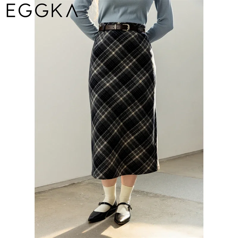 EGGKA Woolen High Waist Mini Skirts Retro Brown Plaid A-line Skirt Female Autumn Winter Slim Fit Midi Skirt with Belt 2024 New