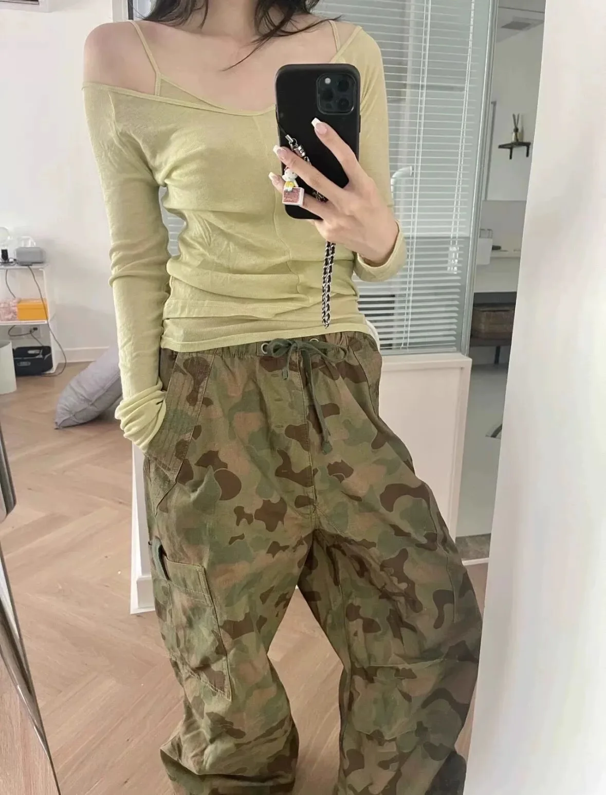 

London retro printed pocket parachute camouflage loose long leg slim straight overalls for women summer