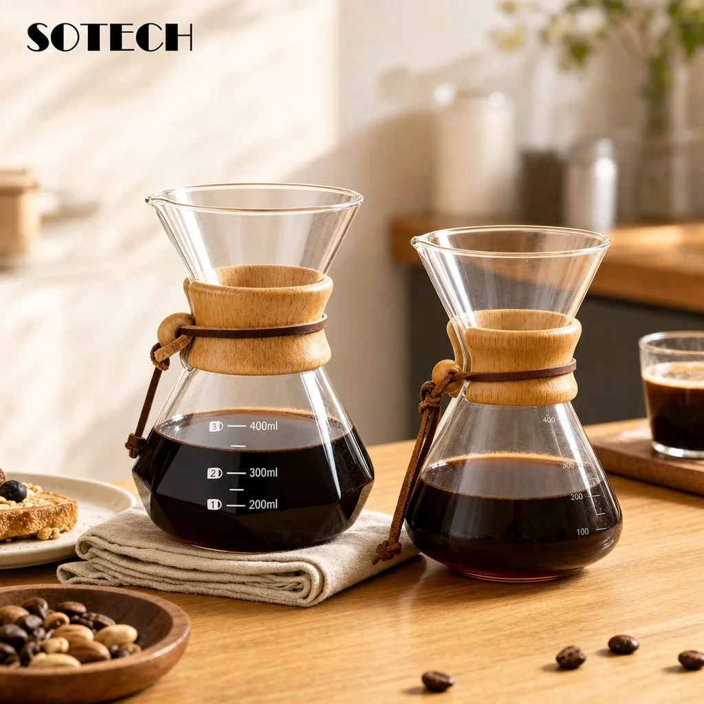 Pour Over Coffee Maker 400ml/600ml Heat Resistant Borosilicate Glass Hand Drip Coffee Pot with Wooden Anti-scald Collar Home Bar