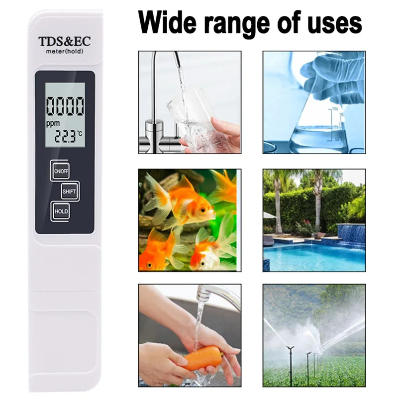 Digital Water Quality Tester TDS EC Range 0-9990 Multifunctional Temperature Meter for Water Purity TEMP PPM Tester