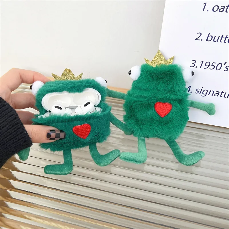 Green Frog Plush Case for AirPods 4 Airpod 1 2 3 Pro Pro2 Bluetooth Earbuds Charging Box Protective Earphone Case Cover