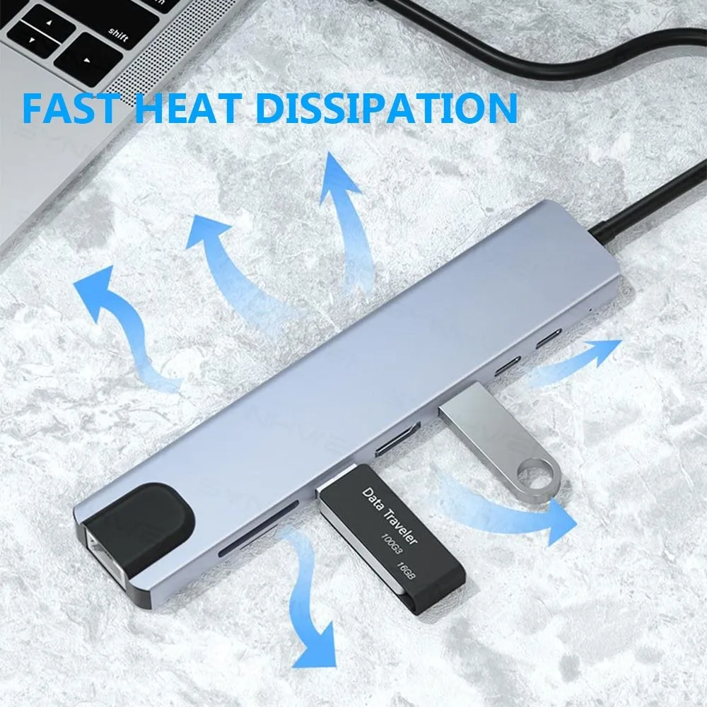 RJ45 100mbps USB C HUB SD/TF Card Reader PD Fast Charge 8 in1 Adapter Aluminum Case 4K HDMI Laptop Docking Station