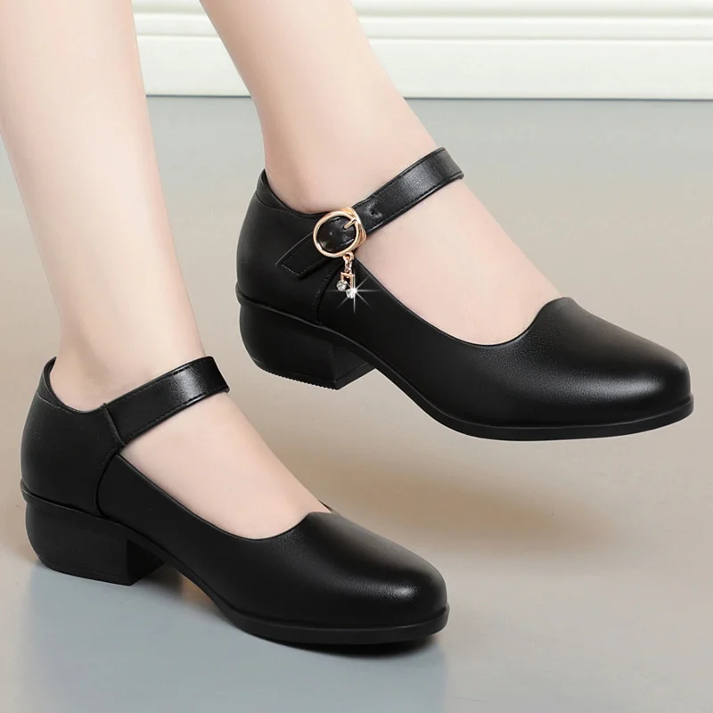 Spring Woman Modern Round Toe Thick Heel Soft Surface Salsa Dancing Shoe Closed Toe Square Dance Soft Rubber Sole Shoes