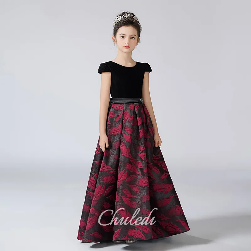 Girls Dresses Velvet Round Neck Small Half Sleeve Flared Long Heavy Jacquard Satin Birthday Princess Dresses