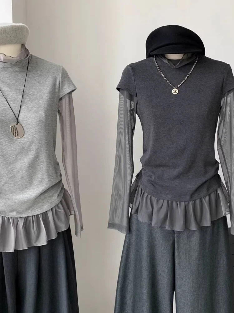 

Осенние корейские модные винтажные элегантные топы из двух предметов, женские облегающие сетчатые рубашки с длинными рукавами, офисная женская повседневная однотонная тонкая блузка