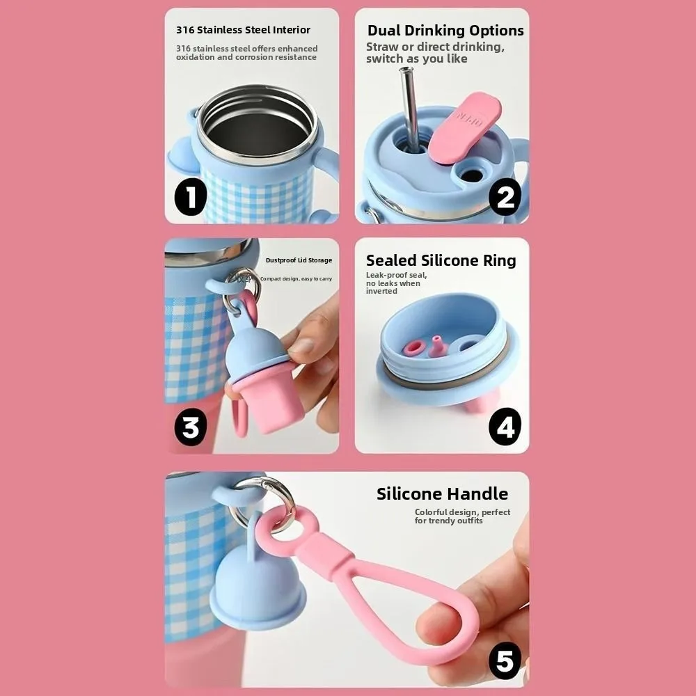 

600ml Thermal Water Bottle Cute Leak Proof Coffee Tumbler with Handle Large Capacity Keeps Cold and Heat Vacuum Flask Daily Use