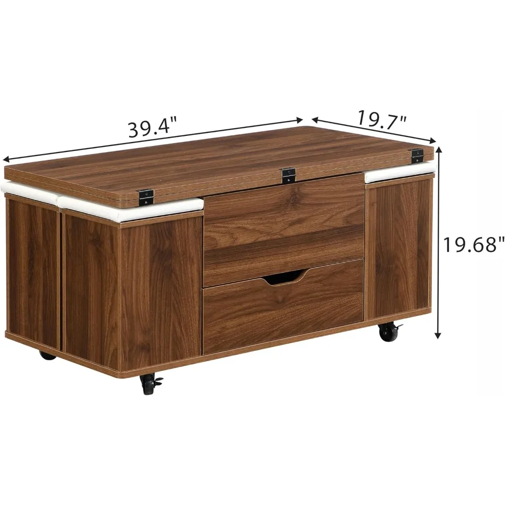 Customized.Multi-Functional Lift-Top Coffee Table with 4 Stools, Hidden Storage and Drawers, Modern Movable Center Table with St