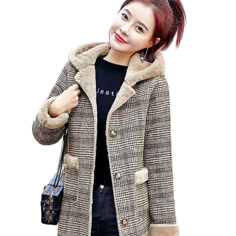 

Women's Plush Thick Plaid Woolen Coat 2023 New Autumn Winter Female Mid-length Warm lamb Wool Trench Coat Women C1669