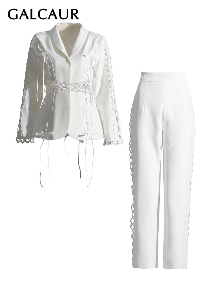 

GALCAUR Temperament Set For Women V Neck Long Sleeve Hollow Out Coats High Waist Pencil Pants Solid Two Piece Sets Female Spring