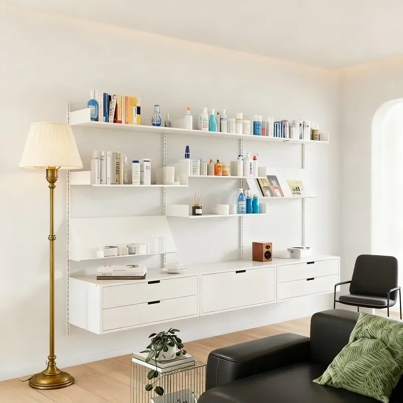 White Steel Floating Wall Modular Shelving System Adjustable Track Columns Living Room Food and Clothing Storage Rack 5th