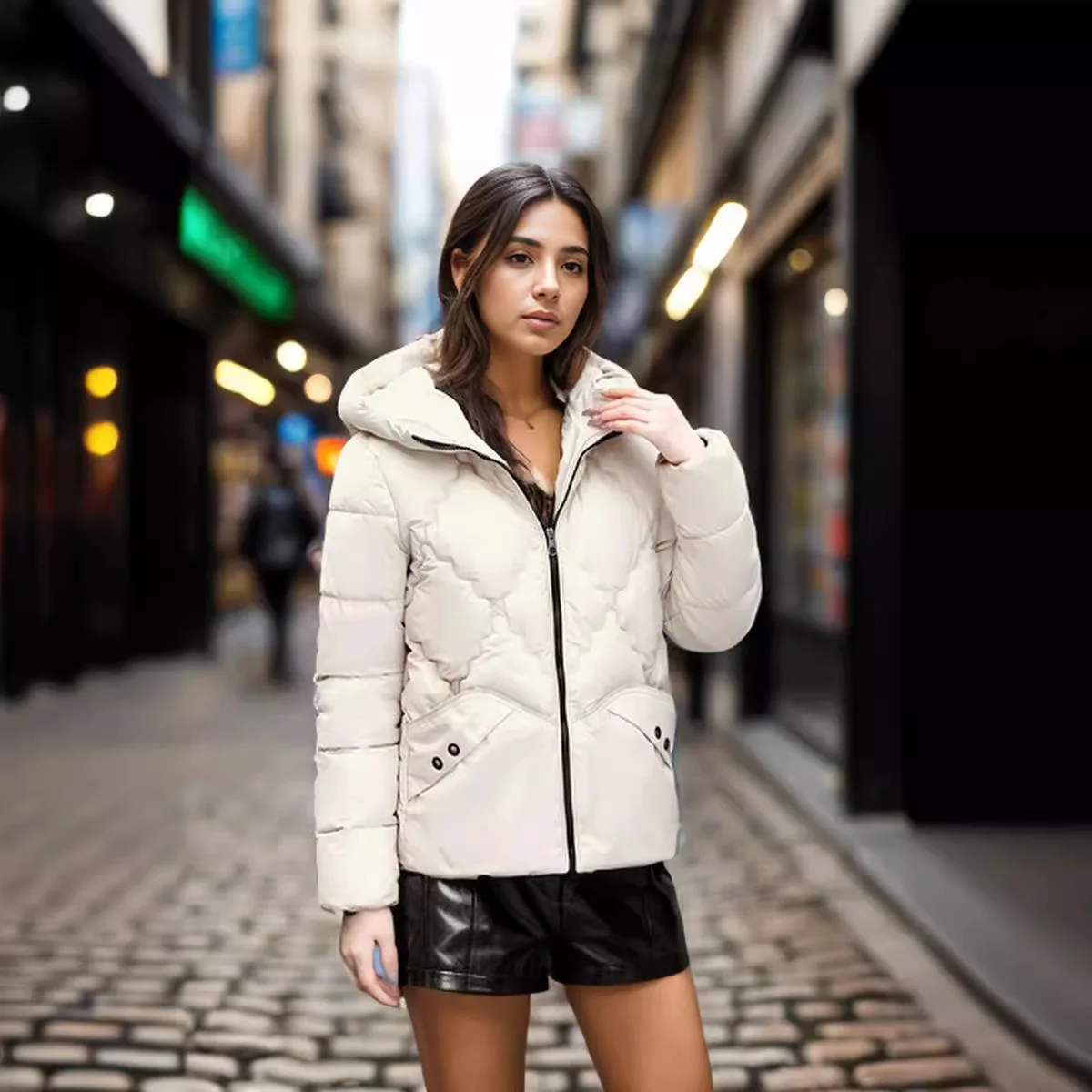 2024 Women\'s Winter Jacket Female Hooded Zipper Thicken Warm Jacket Women\'s Pure Color Diamond Shaped Cotton Jacket Tops Parka