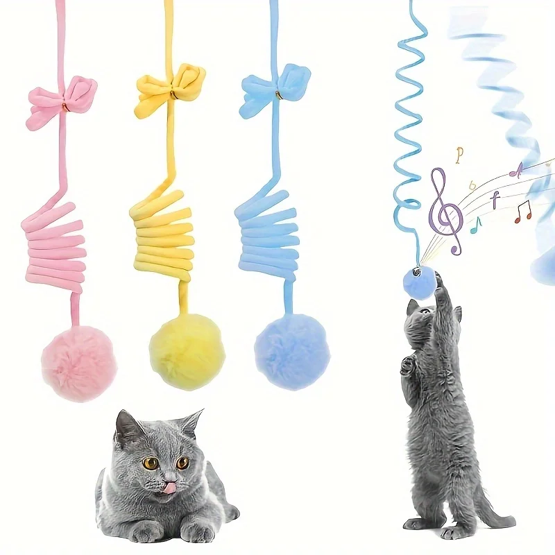 1Pcs New Spring Rabbit Fur Big Ball Cat Teaser Retractable Elastic Rope Cat Toy Self-hilarious Hanging Cat Toy