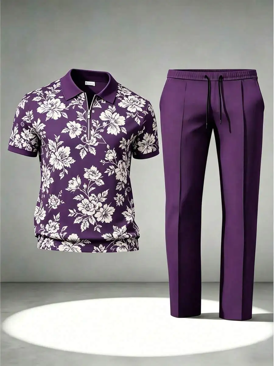 Mens Casual Purple Floral Quarter-Zip Shirt And Drawstring Pants Set