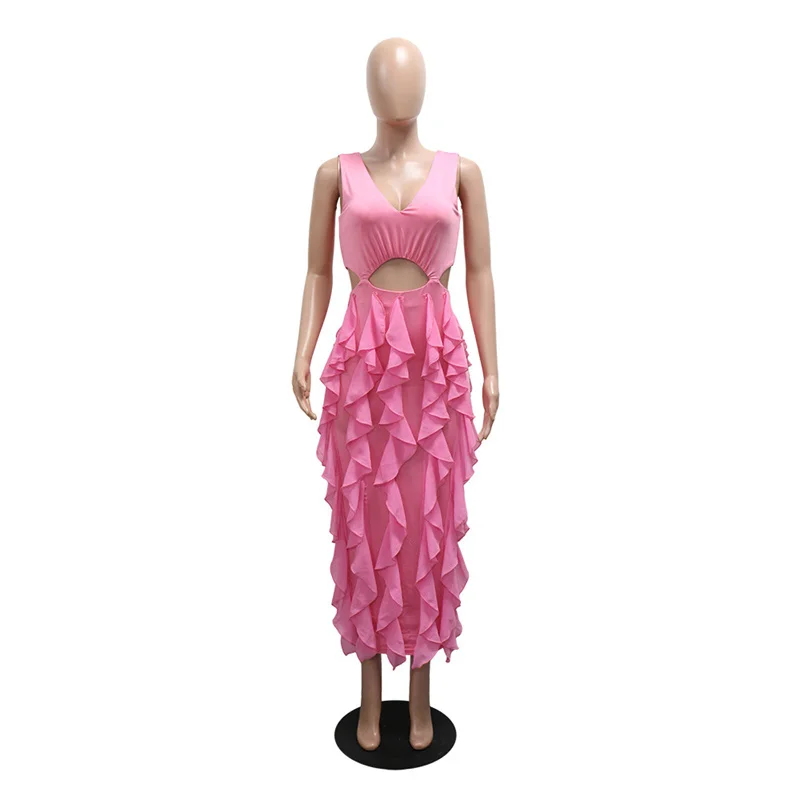 2025 été femmes col en V sans manches découpé volants moulante Sexy robe de soirée mi-longue dos fente noir rose robe de boîte de nuit anniversaire