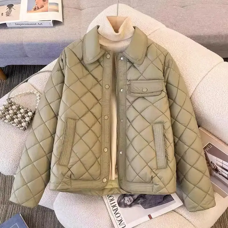 Fashion 2024 Winter Clothing Doll Collar Small Cotton Coat Large Size Diamond Grid Thickened Down Cotton Women's Jacket A763