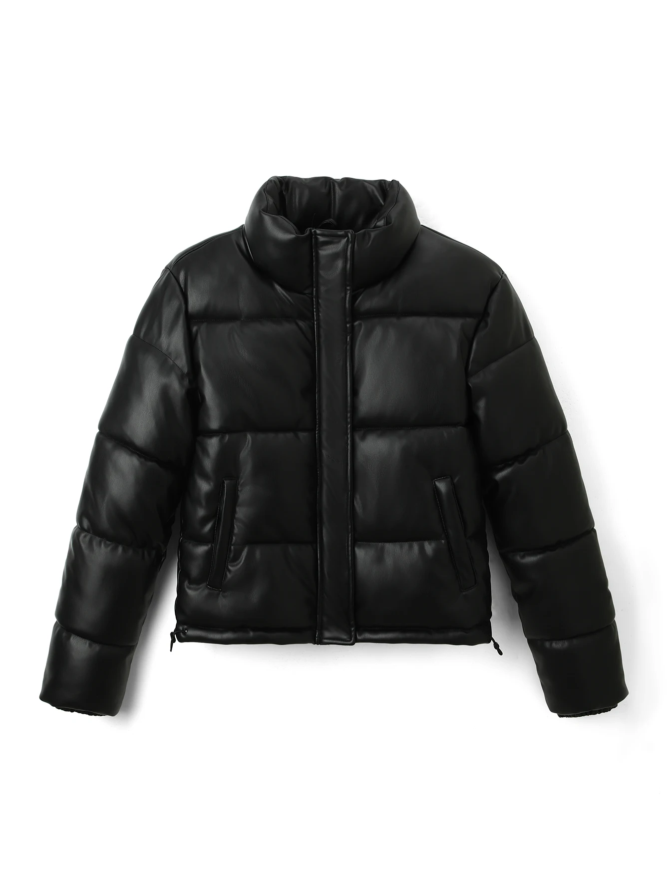 

Women's Black PU Puffer Jacket Lightweight Warm Windproof Filled with Polyester, Stand Collar Zipper Coat for Spring Fall Winter
