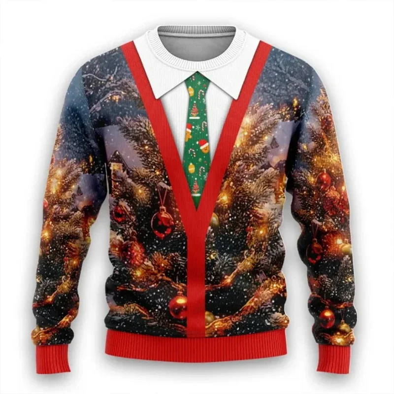Parent-Child 3D Print Fake Tie Suit Sweatshirt Funny Ugly Christmas Sweater Family Matching Xmas Cosplay Pullover Adults Kids