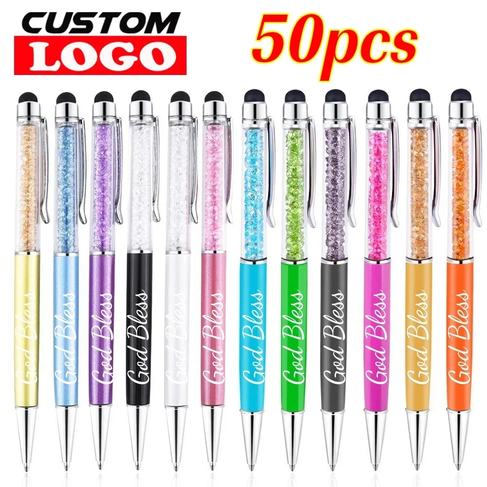 50 stks/partij Kristal Metalen Balpen Mode Creatieve Stylus Touch voor Schrijven Briefpapier Kantoor School Gift Gratis Aangepast Logo