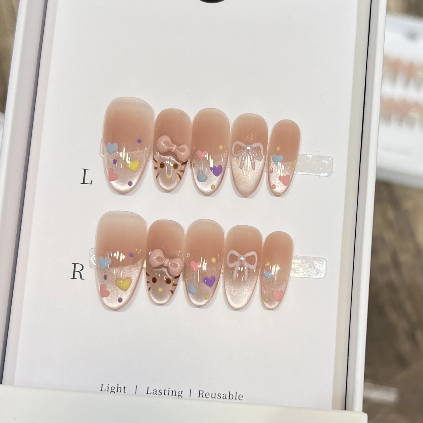 10 Uds. De uñas postizas con lazo francés de ojo de gato y almendra, uñas postizas de resina con diseño de borde de falda para fiesta, boda, manicura DIY