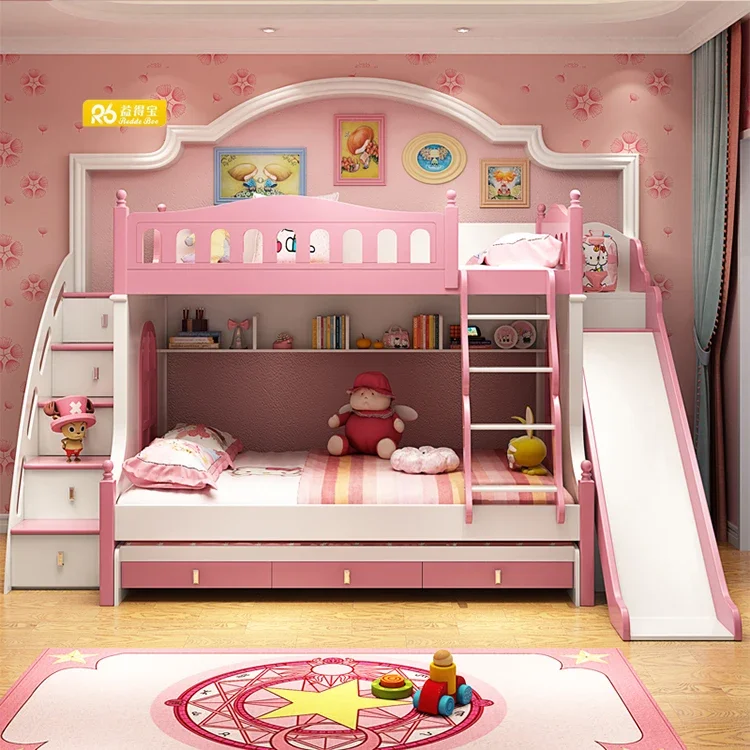 Full solid wood children more function soft bed kids magnificent pink cartoon children's princess girls bunk beds with stairs