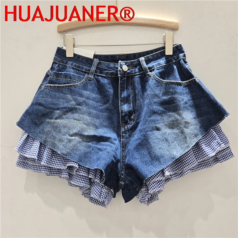 Jeans Shorts Women Vintage Denim Short Pants High Waist Detachable Hem Plaid Cloth Distressed Washed Streetwear Summer Denims