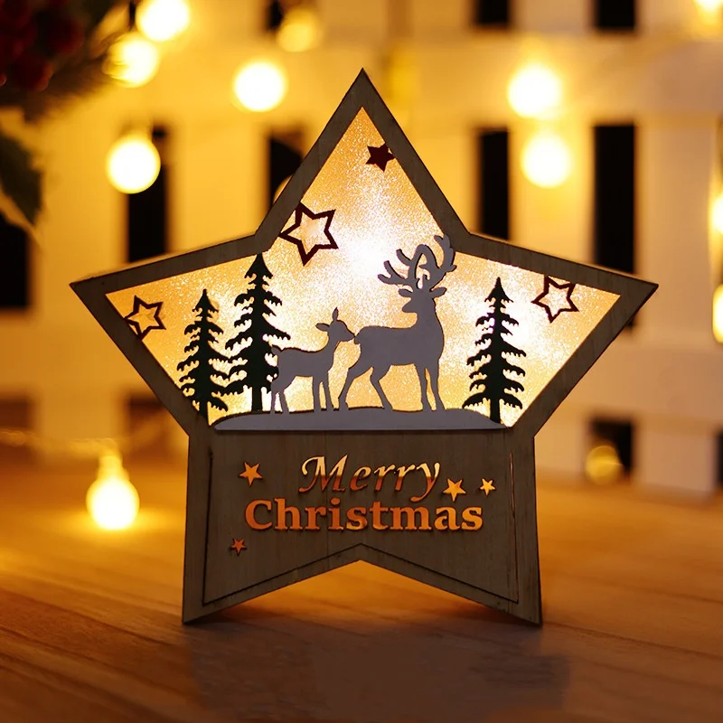 1pcs Christmas Glowing Wooden Five- Pointed Star Shape Ornaments Christmas Snowman Ornaments Shopping Mall Window Decoration