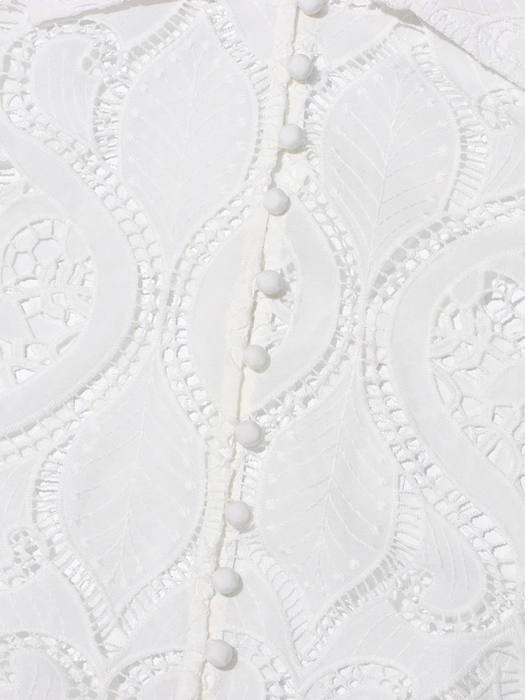 TWOTWINSTYLE Hollow Out Embroidery Chic Blouse For Women Lapel Lantern Sleeve Spliced Single Breasted Casual Shirts Female New