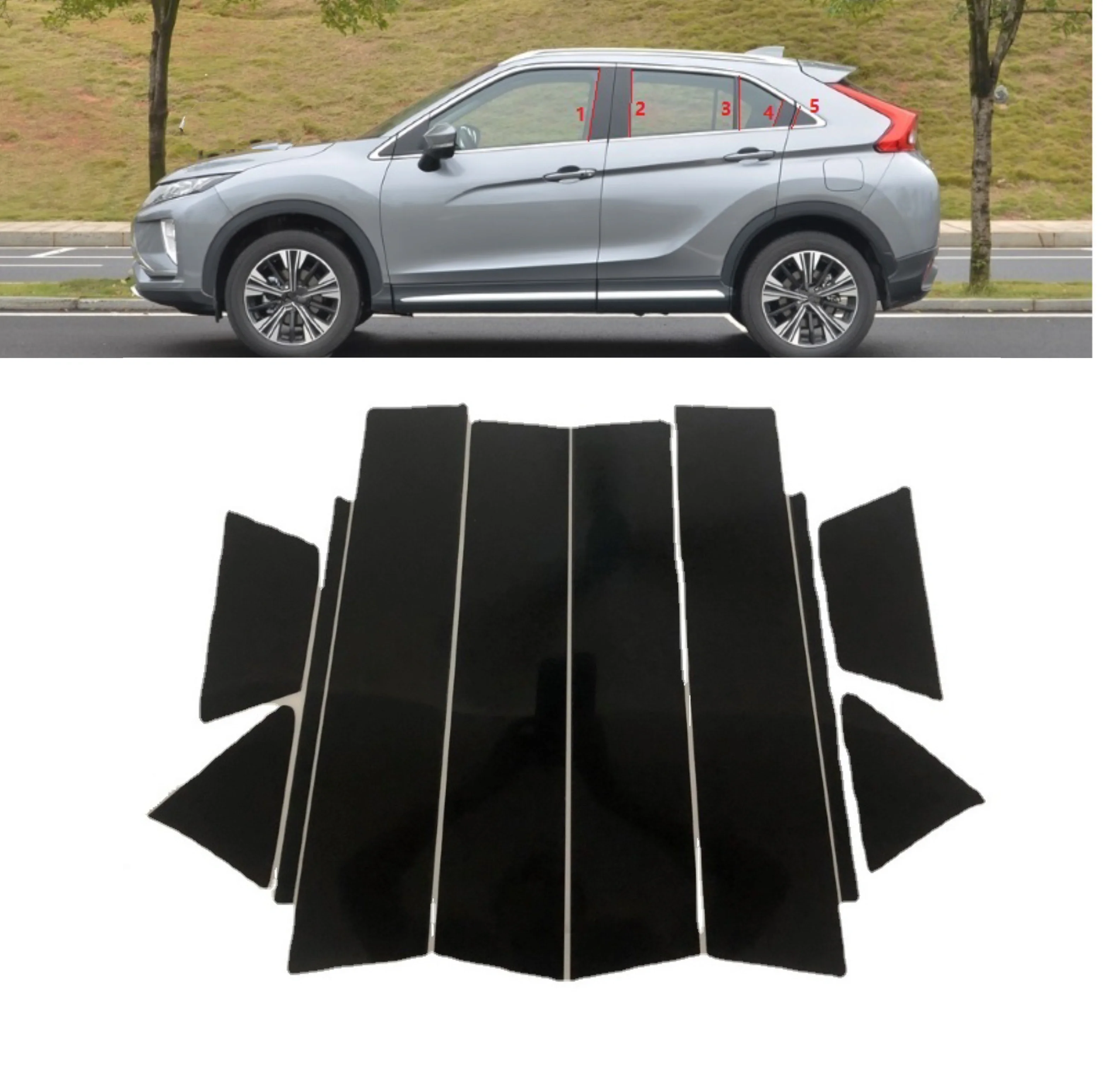 10PCS Glossy Black Pillar Posts  Fit For  Mitsubishi Eclipse Cross 2018 2019-2021  Window Door Column B C  Cover Trim Stickers