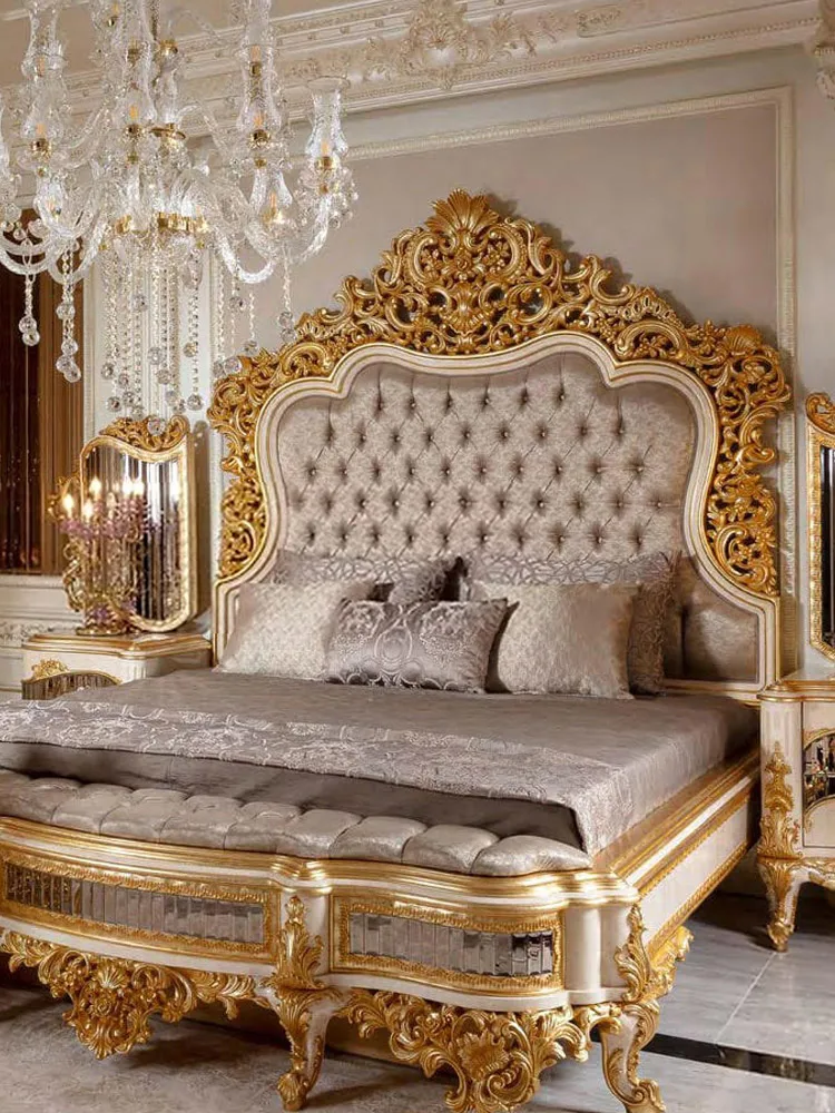 Double Bed European-Style Wood Carved Bed Villa Master Bedroom Luxury Prince Bed