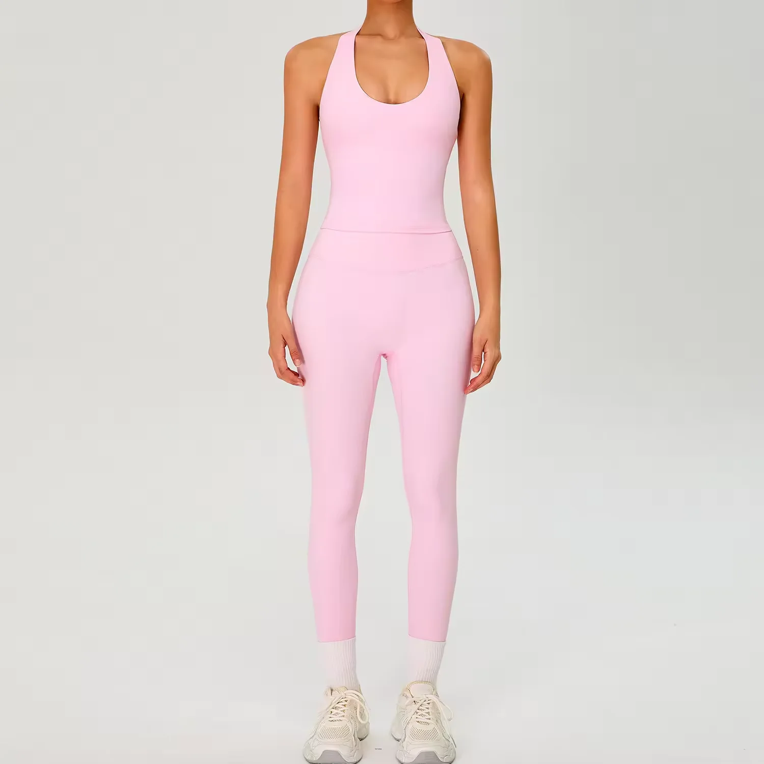 Women's High-Waist Slimming Yoga Set Naked Sensation Dry-Fit Halter Neck Outfit Breathable Lightweight Solid Shorts Front