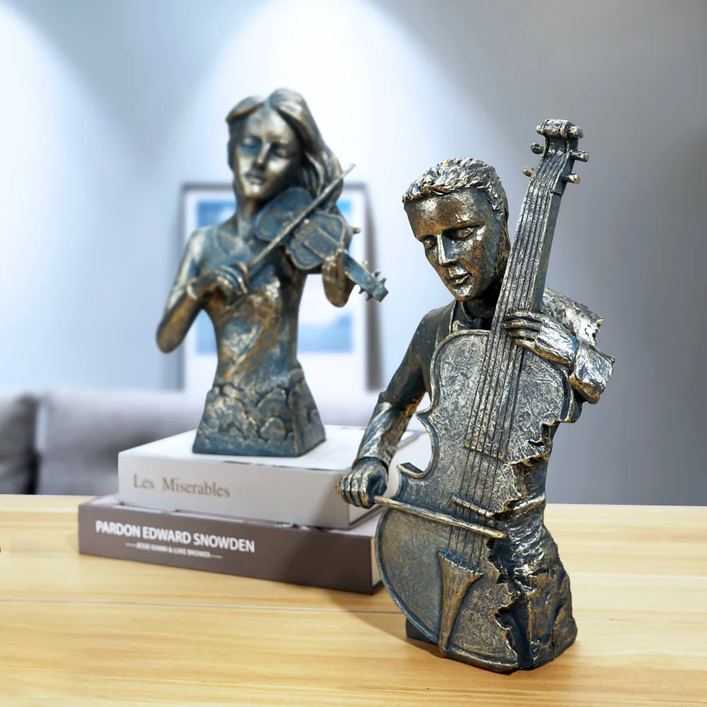 Resin Sculpture Distressed Metal Luster Band Violin Musical Instrument Musician Art Crafts Home Desktop Decoration