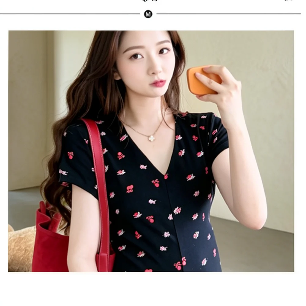 Summer Maternity Long Gown Floral Print V Neck Loose Breathable Cotton Clothing Elegant Style For Expecting Women