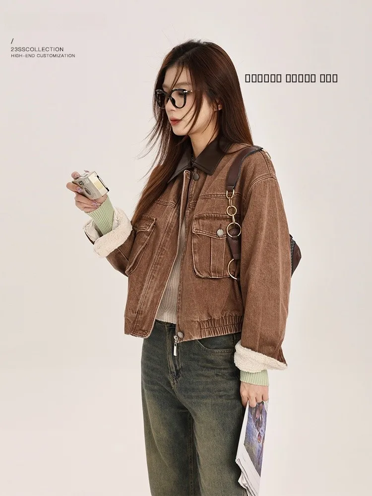 

Yang Bubble Coffee Color Fce Lined Denim ort Jaet Women's Loose Slimming Commute Sle Winter New Arrival Coat