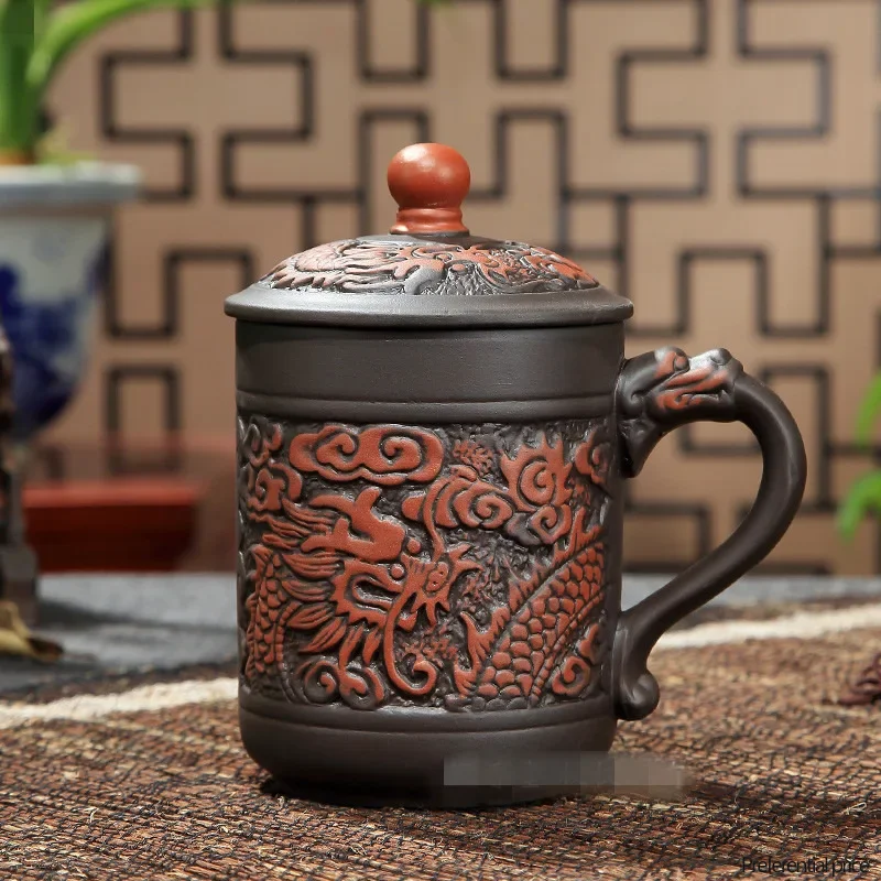 

Yixing Purple Clay Tea Cups with Lid, Drinkware Purple Grid Teacup, Chinese Zisha Kung Fu Tea Mug, Office Teaware