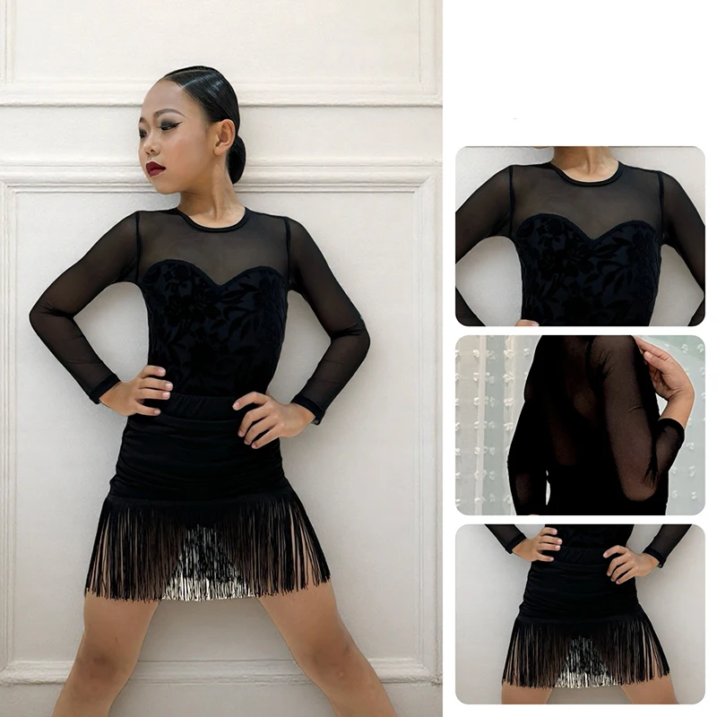 

Новинка 2023 года, одежда для соревнований по латинским танцам для женщин, сетчатые топы, юбки с разрезом, тренировочная одежда, костюмы для самбы-ча, латинские костюмы XH3183