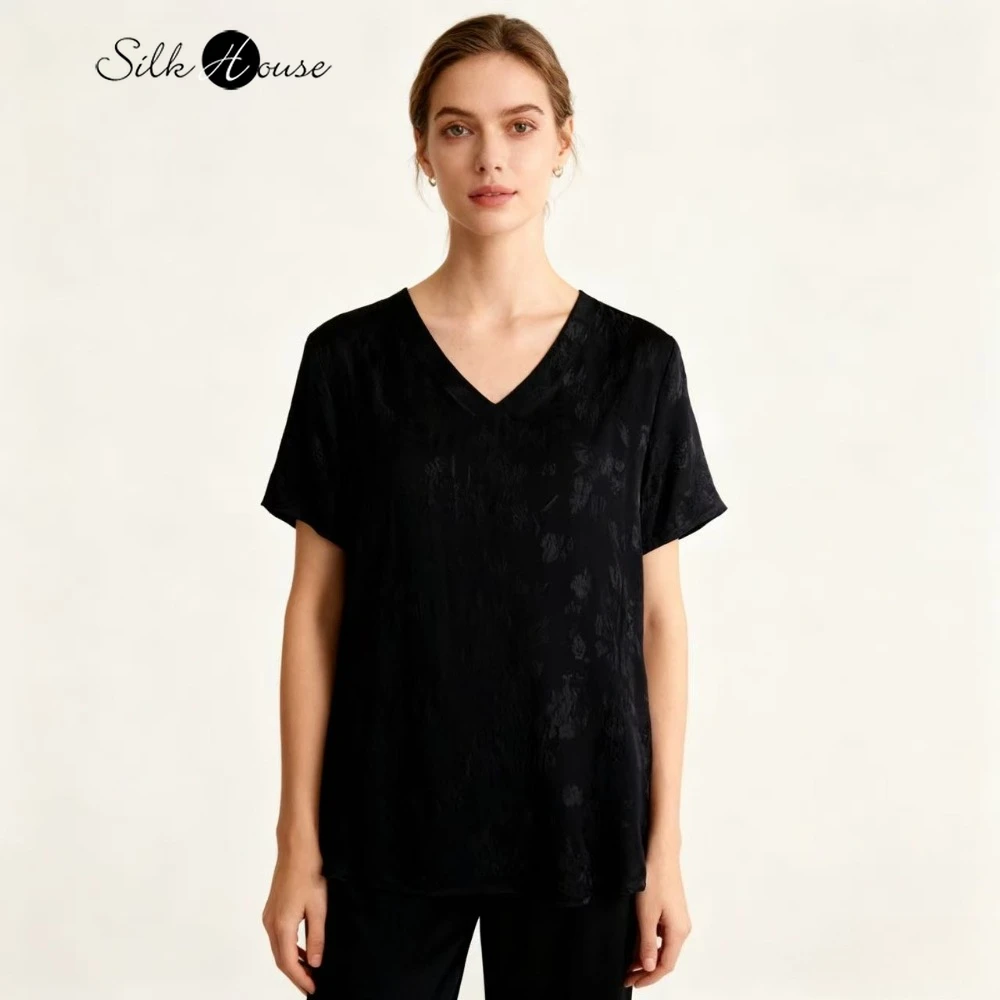 

Женская универсальная черная футболка из 100% натурального шелка шелковицы GuanLe Crepe с v-образным вырезом и короткими рукавами, 2022, универсальная прямая футболка-труба