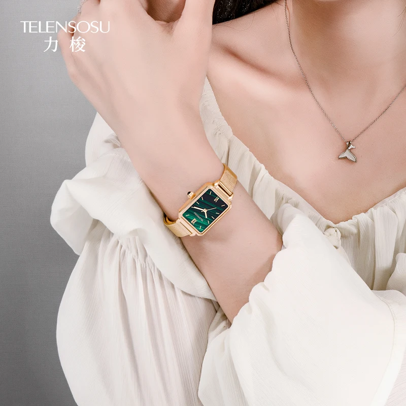 TELENSOSU женские кварцевые часы, роскошные сахарные кубики, малахитовый циферблат, ремешок из нержавеющей стали, модные роскошные подарочные женские часы 8820