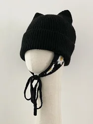 Warm Knitted  Ear Woolen Cap Stylish Winter Hat for Women Trendy Face Slimming Non-Fur Ear Protection Fashion Accessory
