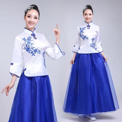 Muzyka ludowa w stylu chińskim niebiesko-biała porcelana kostium chórowy dla dorosłych Guzheng Erhu recytacja sukienka damska