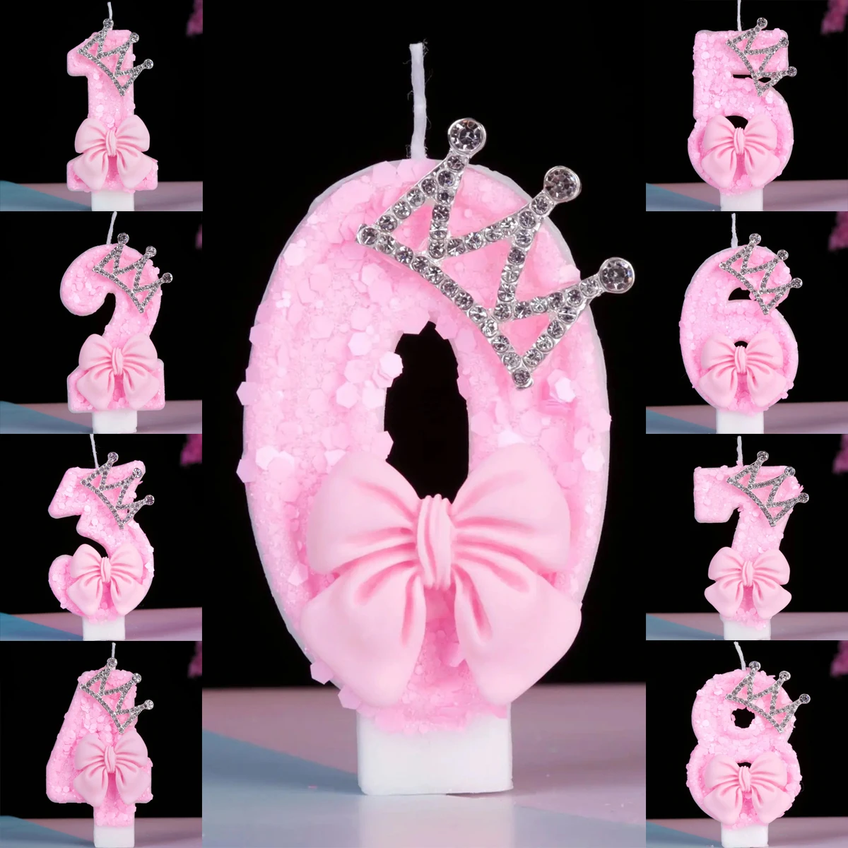 Silver Crown Pink Bow Digital Birthday Candle - New Girl‘s Birthday Party Cake Decoration