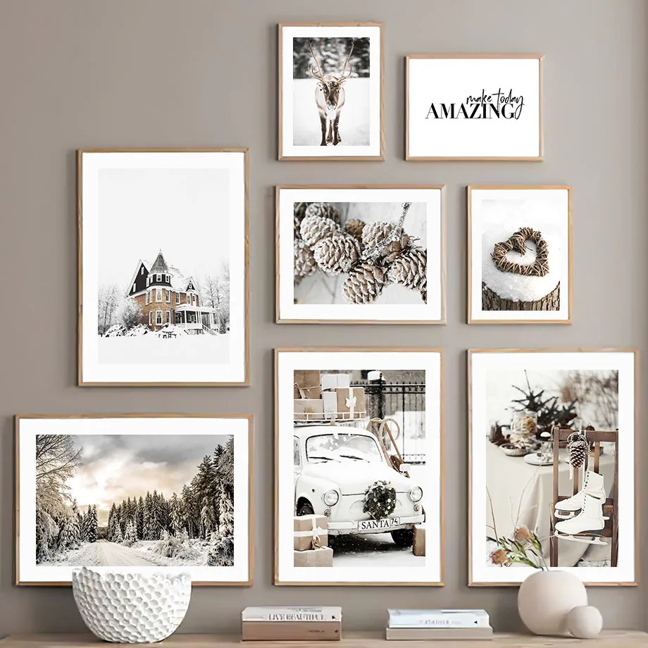 Nordic winter snow scene Christmas decoration Modern decoration hanging painting core poster elk pine cone sleigh