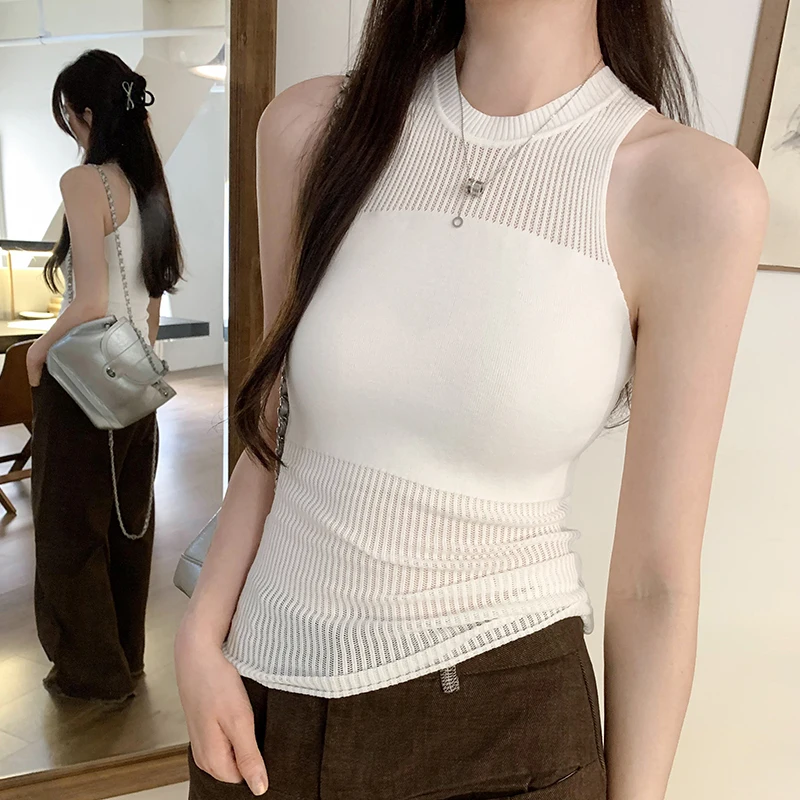 Sexy Hollow Out Sleeveless Slim-Fit Stretch T-Shirts Korean Fashion Camilose Tank Tops Summer 2024 New Knit Tops T-Shirts Girls