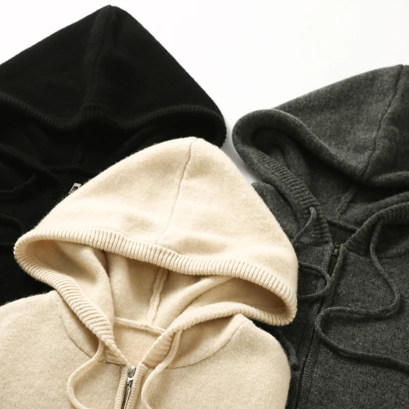 

Chic Women's 100% Merino Wool Hooded Cardigan Sweater Zippered Vest Autumn Winter Sleeveless Waistcoat Solid Color Knitted Top