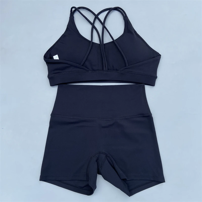 Yoga Shorts Set Women Gym Sports Set Workout Tracksuit 2 Piece Fitness Suit Cross Straps Bra High Waist Shorts Running Clothes