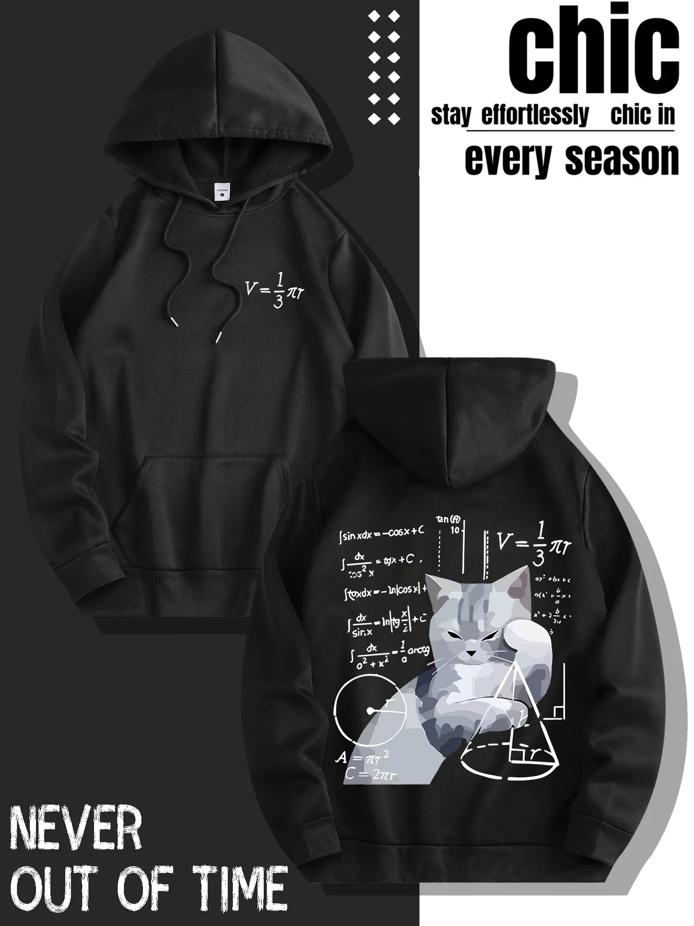 Funny Science-themed Casual Hoodie for Men - Cartoon Cat Math Pattern Print - Comfortable and Relaxing Hoodie