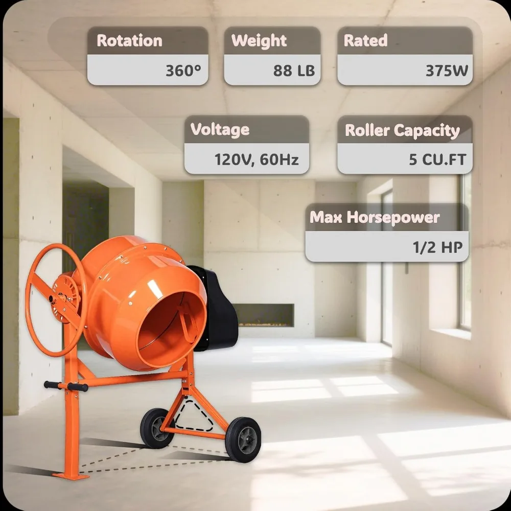 5.0 cubic Ft Portable Concrete Mixer Machine, Wheelbarrow Cement Mixing Tools for Stucco