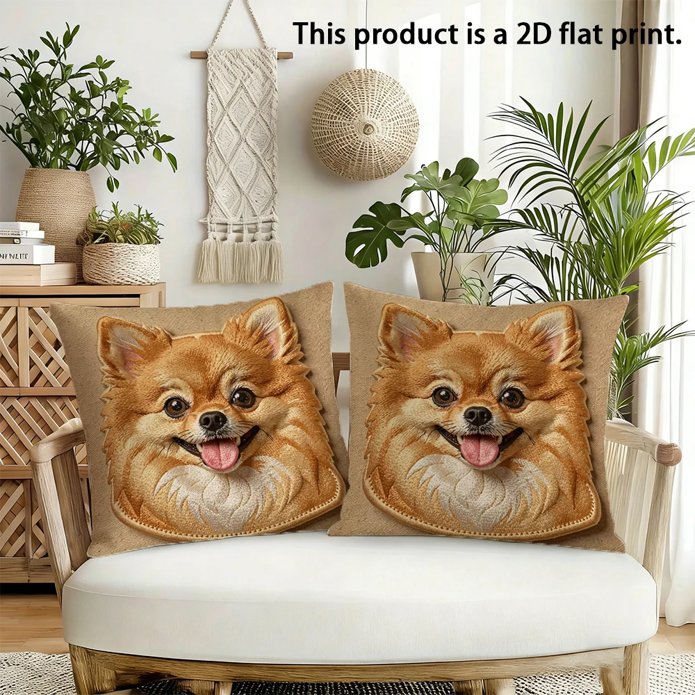 2pcs Cute Pomeranian Dog Face 2D Print Linen Throw Pillow Cover,Decorative Square Cushion Case for Sofa Bedroom Living Room
