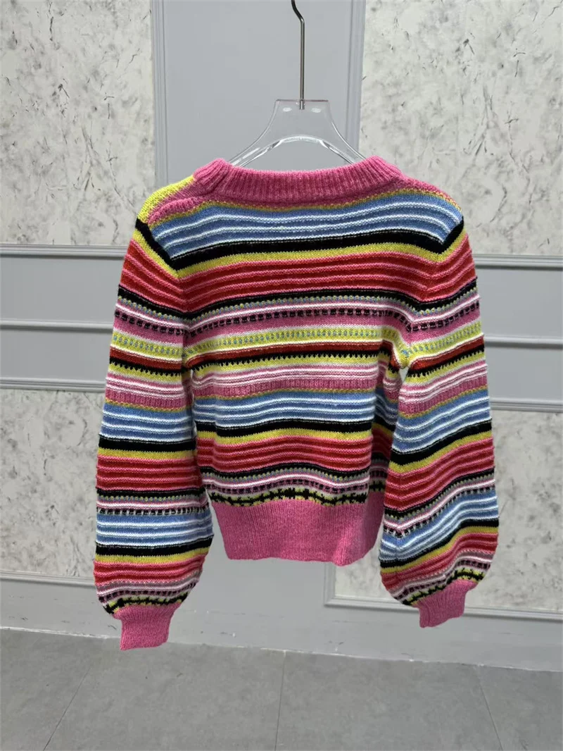 Ladies O-Neck Lantern Sleeve Short Pullover Women Colourful Contrast Stripes Wool Blend Sweater 2024 Autumn and Winter New