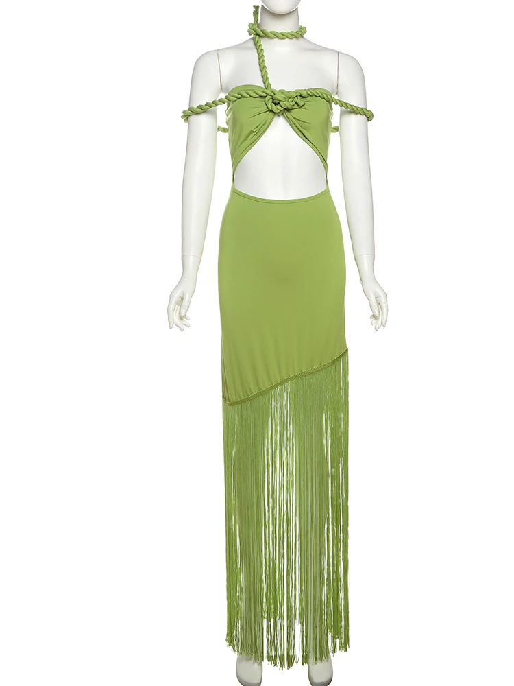 Seltsame Puss Quaste Saum Sexy Party Kleid Frauen Zopf Slash Neck Knoten Wrap Elegante Chic Y2K Unregelmäßige Dünne Stretch Maxi Bodycon